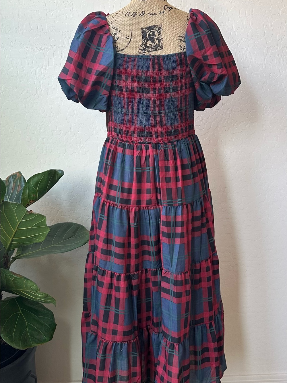 NWT Midnight Doll Smocked Plaid Square Neck Puff Sleeve Midi Dress Size L - Picture 2 of 11